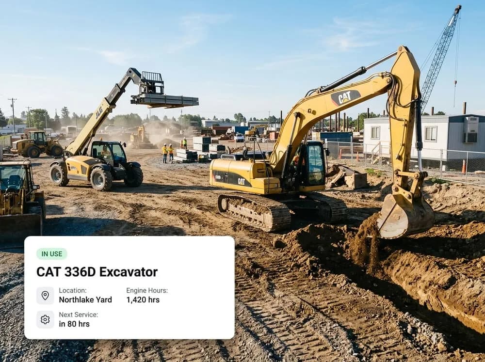 Equipment rental inventory record for a CAT 336D excavator with status, hours, and next service